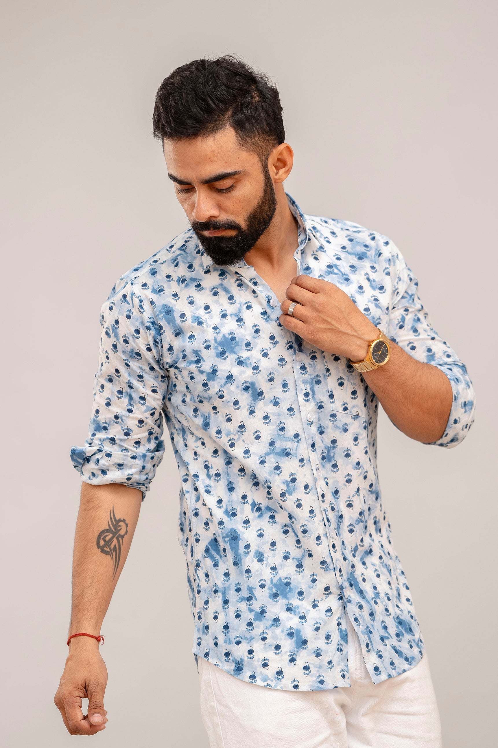 Classic Blue Floral Cotton Shirt - Hukum Jaipur