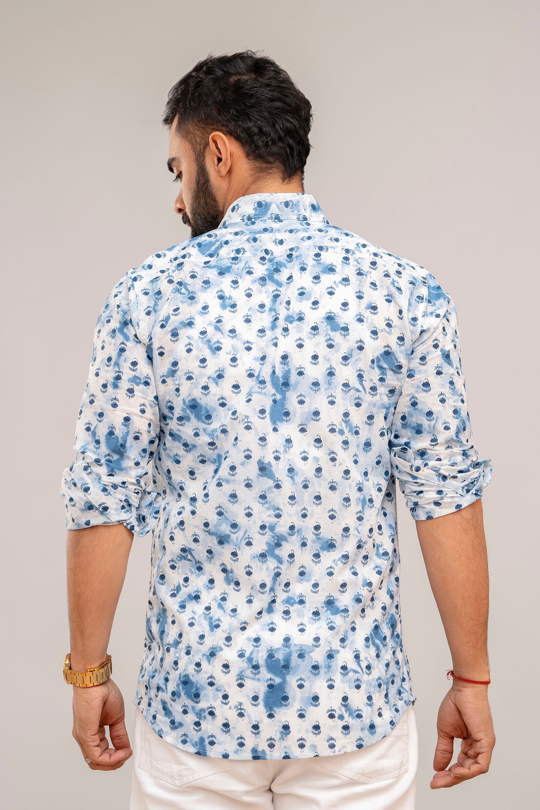 Classic Blue Floral Cotton Shirt - Hukum Jaipur