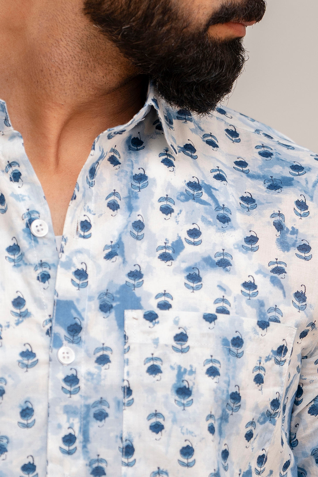 Classic Blue Floral Cotton Shirt - Hukum Jaipur