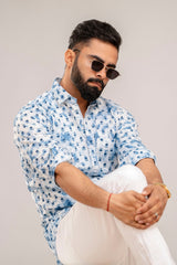 Classic Blue Floral Cotton Shirt - Hukum Jaipur