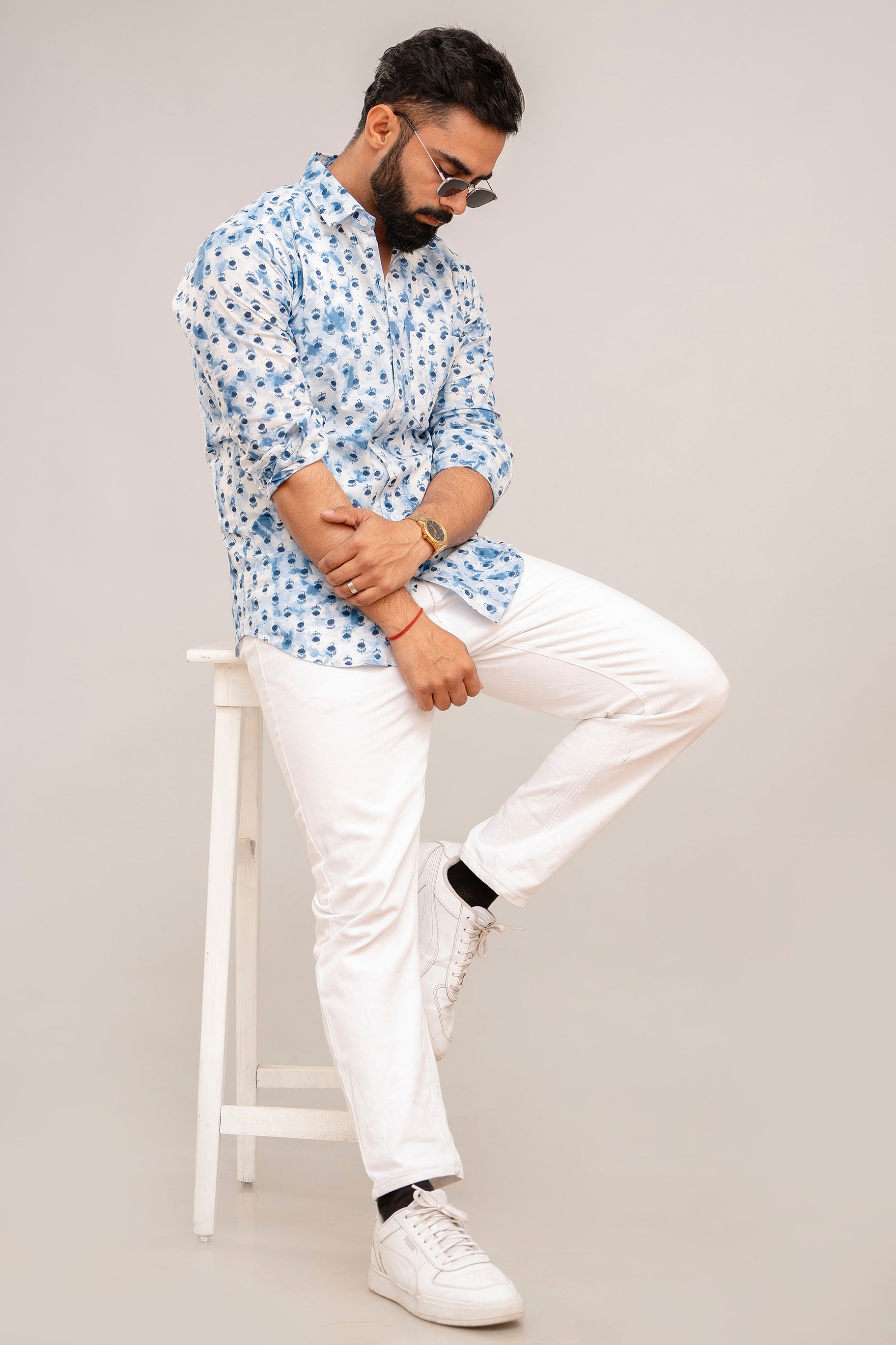 Classic Blue Floral Cotton Shirt - Hukum Jaipur