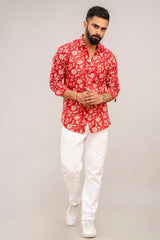 Ravishing Red Floral Cotton Shirt - Hukum Jaipur