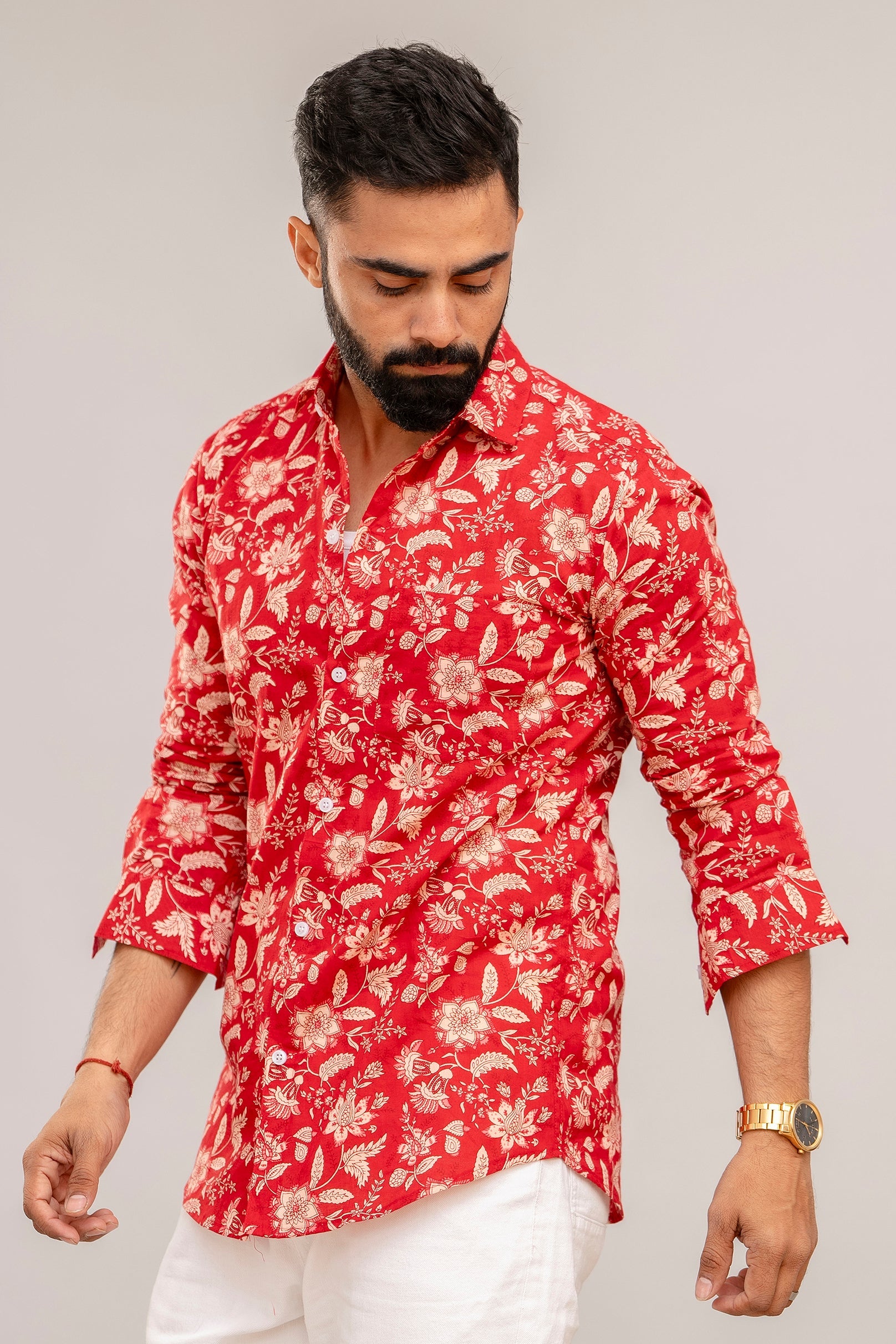 Ravishing Red Floral Cotton Shirt - Hukum Jaipur