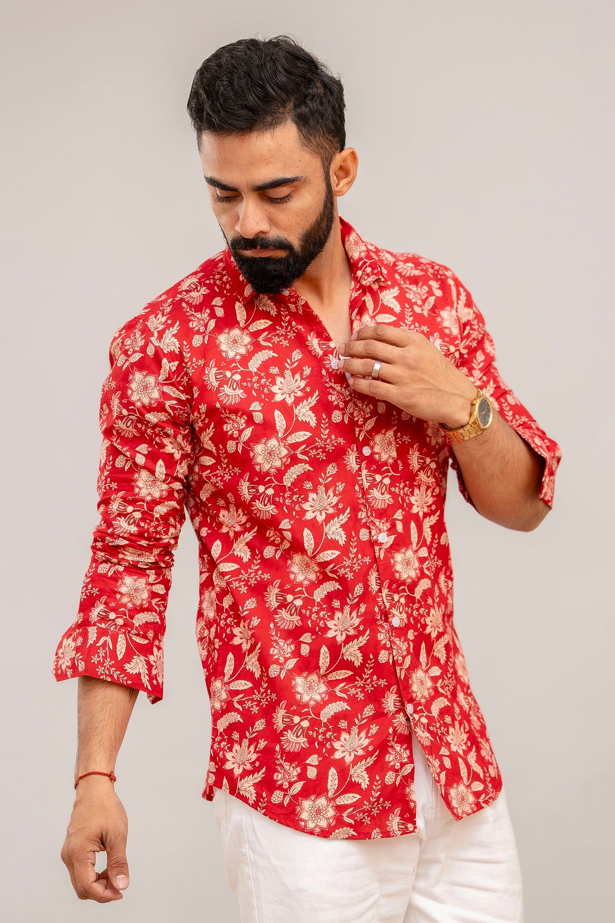 Ravishing Red Floral Cotton Shirt - Hukum Jaipur