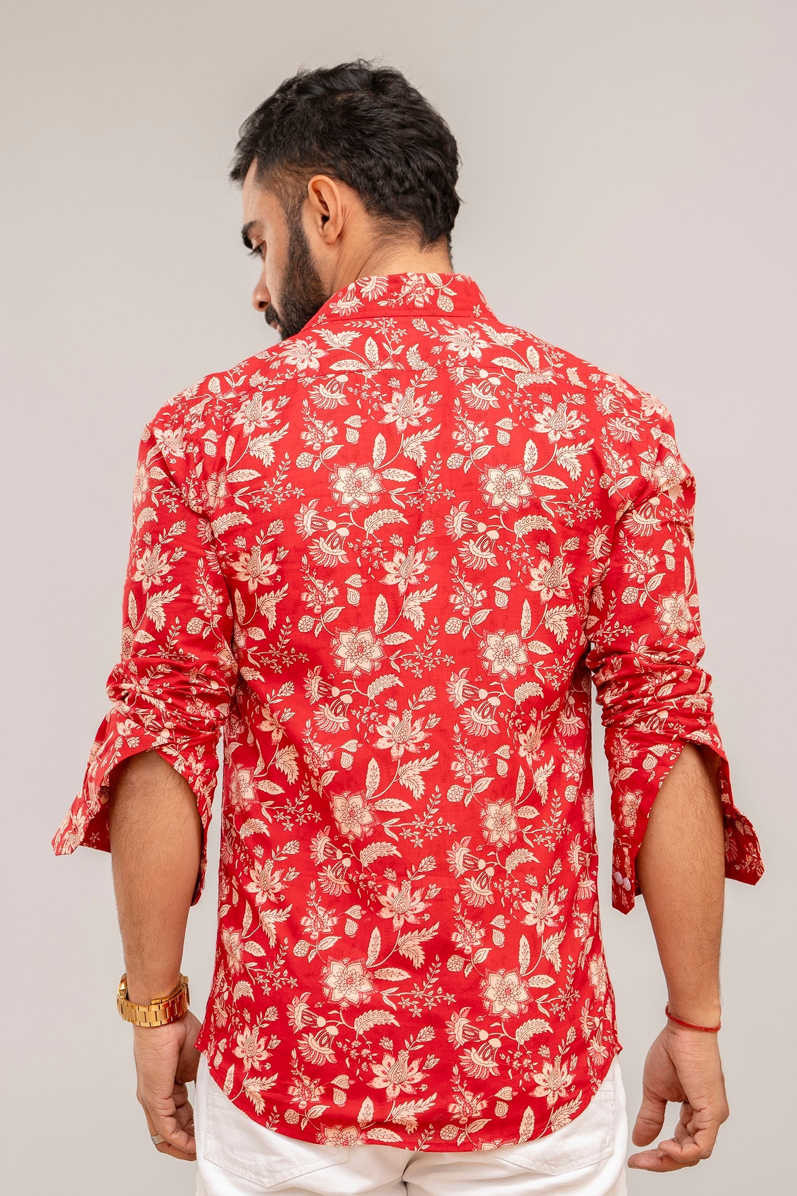 Ravishing Red Floral Cotton Shirt - Hukum Jaipur