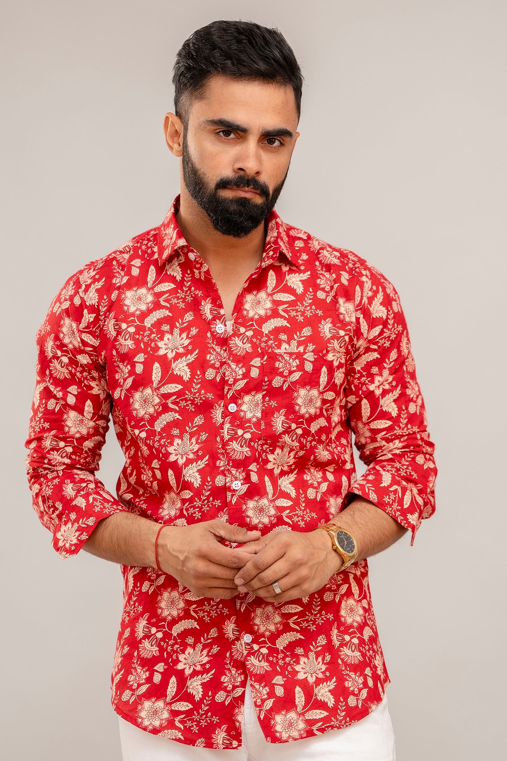 Ravishing Red Floral Cotton Shirt - Hukum Jaipur