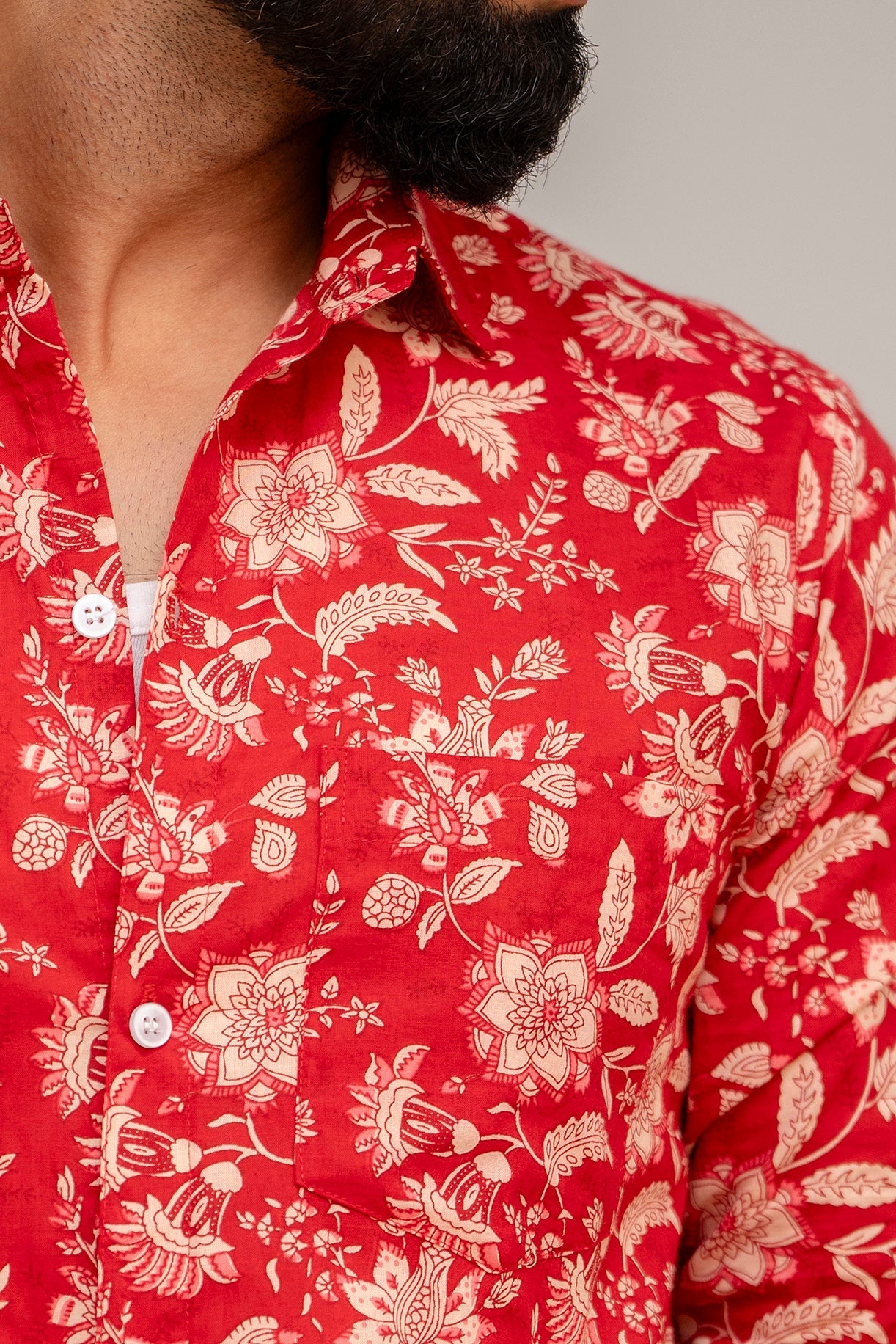 Ravishing Red Floral Cotton Shirt - Hukum Jaipur