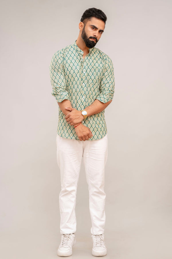 Green Serenity Botanical Print Cotton Shirt