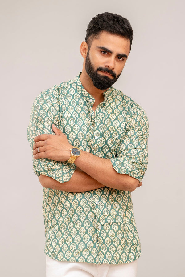 Green Serenity Botanical Print Cotton Shirt