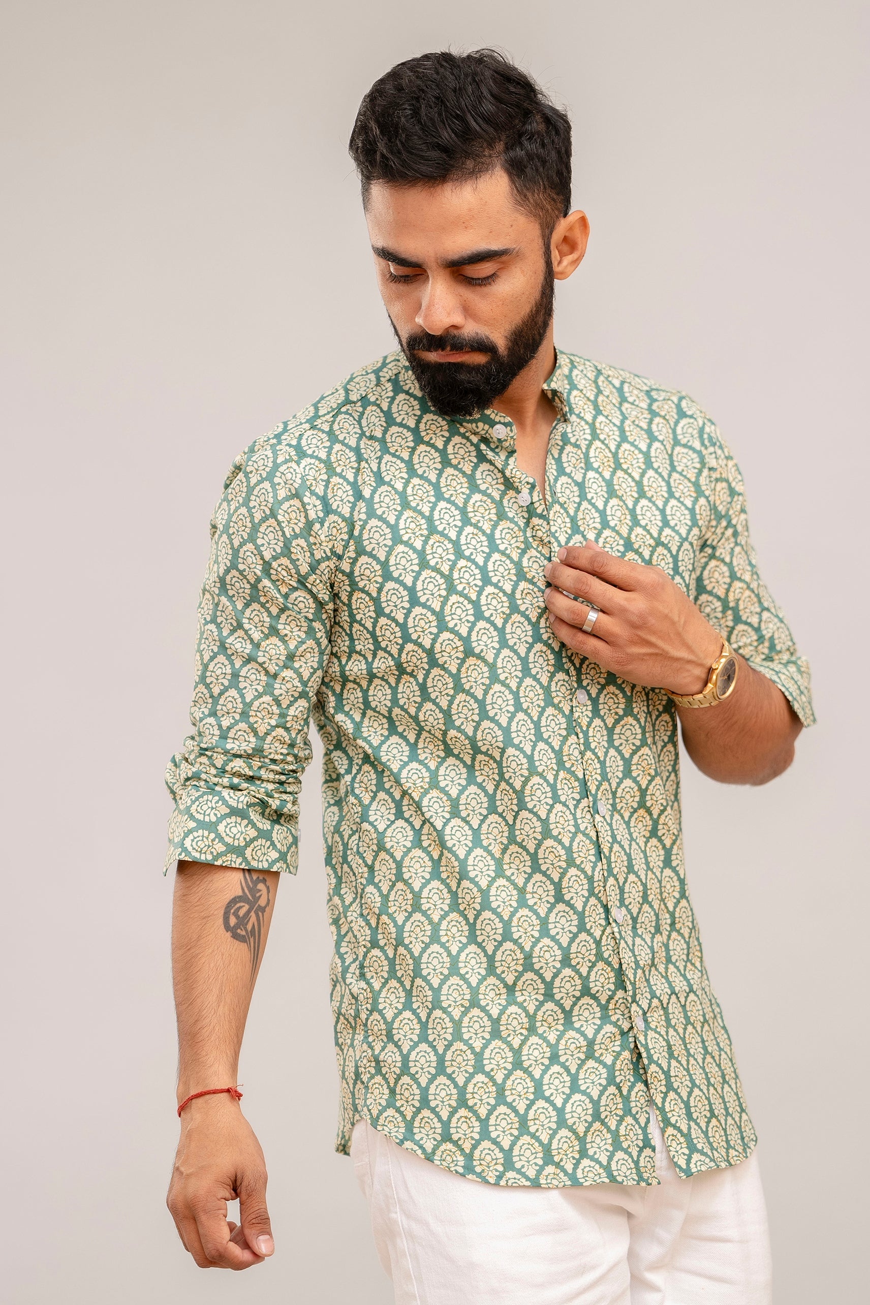 Green Serenity Botanical Print Cotton Shirt - Hukum Jaipur