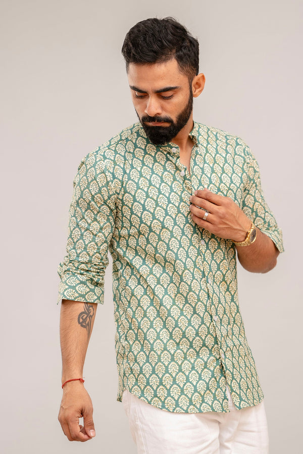 Green Serenity Botanical Print Cotton Shirt