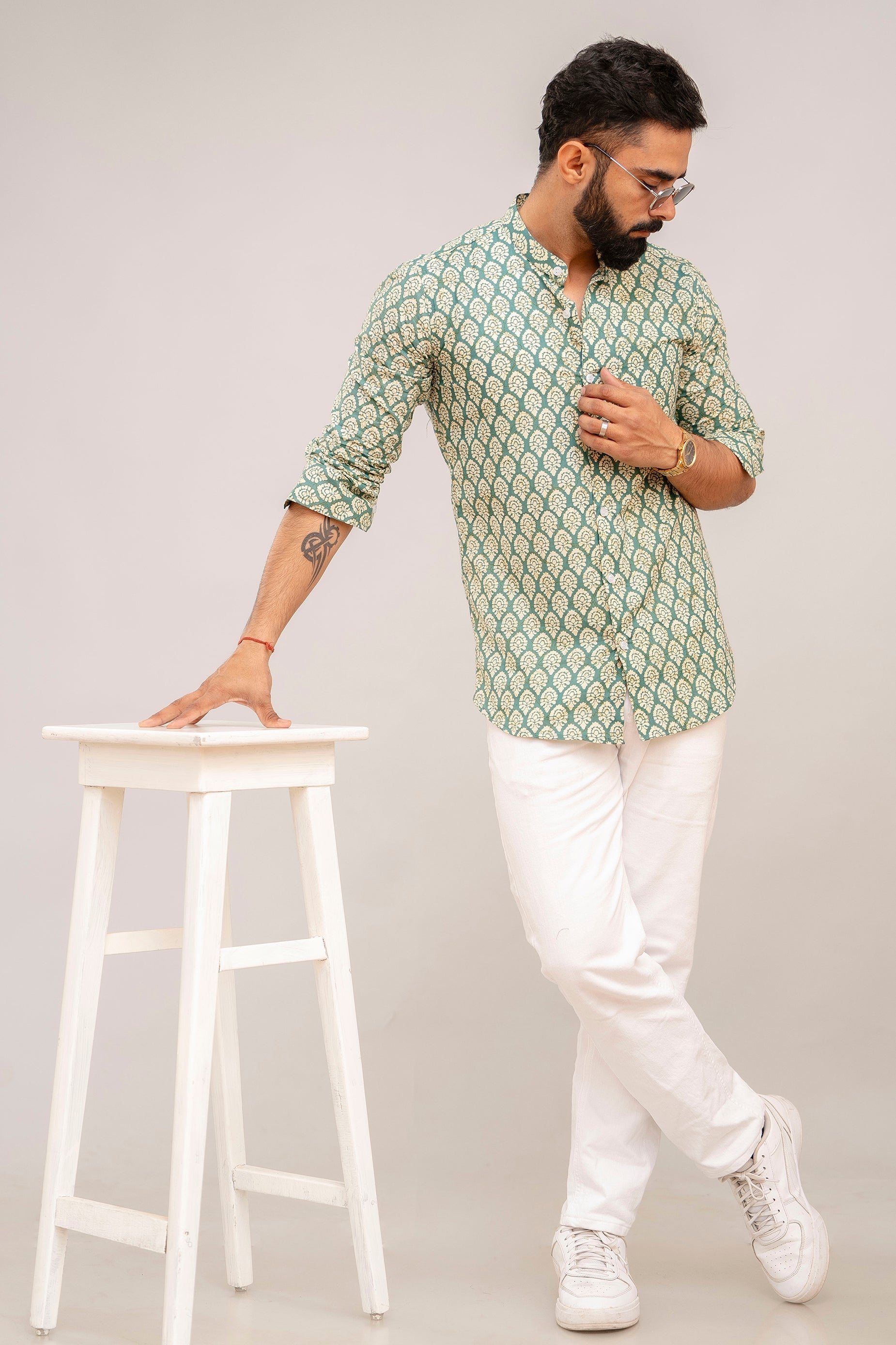 Green Serenity Botanical Print Cotton Shirt - Hukum Jaipur