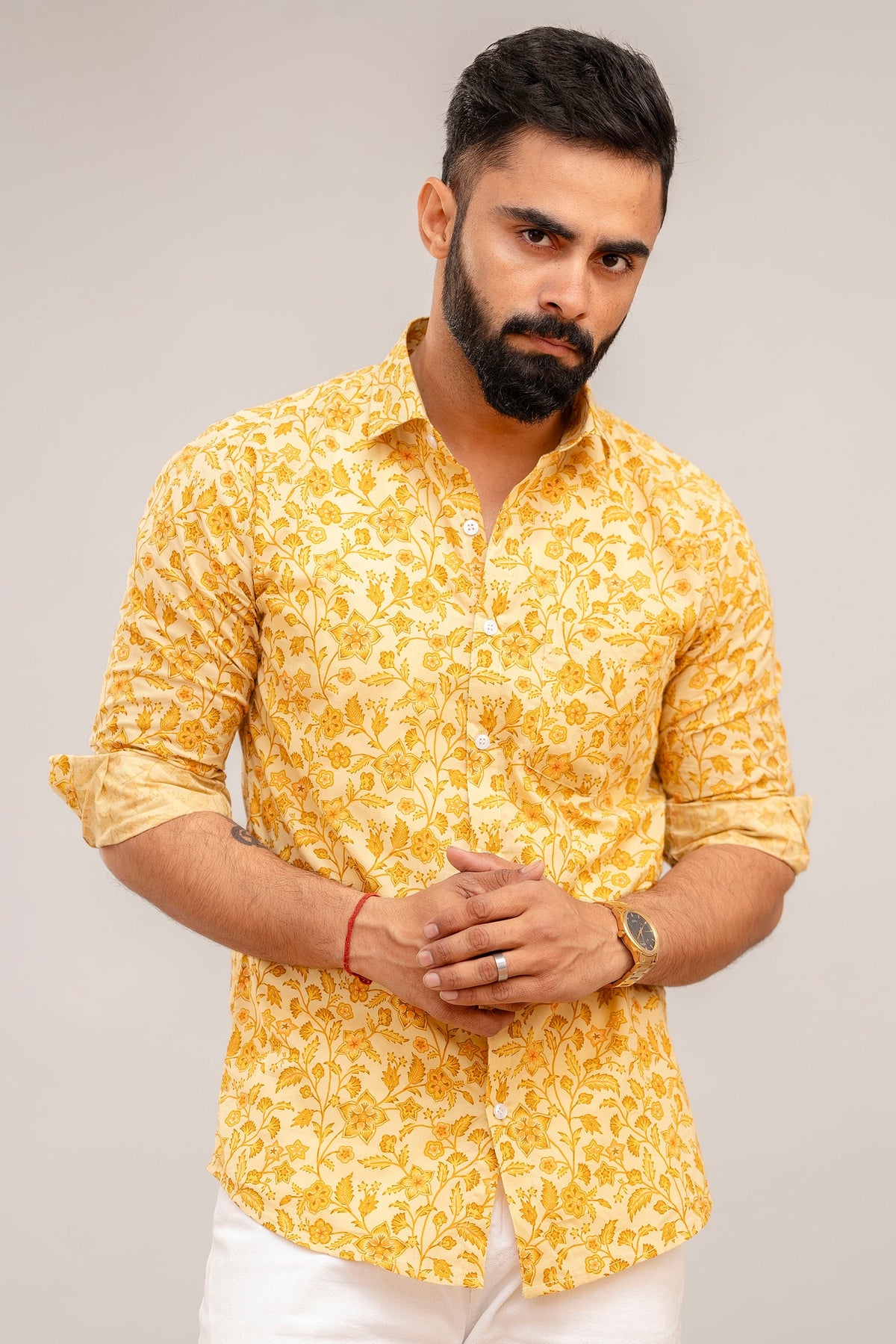 Sunshine Yellow Floral Cotton Shirt - Hukum Jaipur