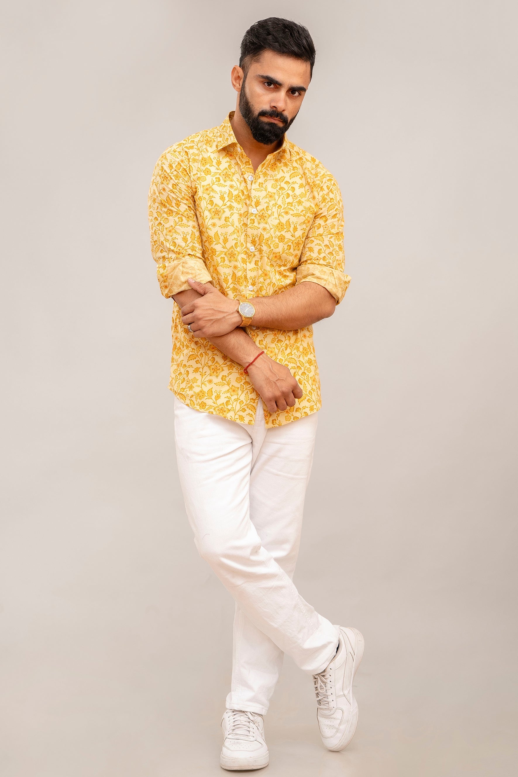 Sunshine Yellow Floral Cotton Shirt - Hukum Jaipur