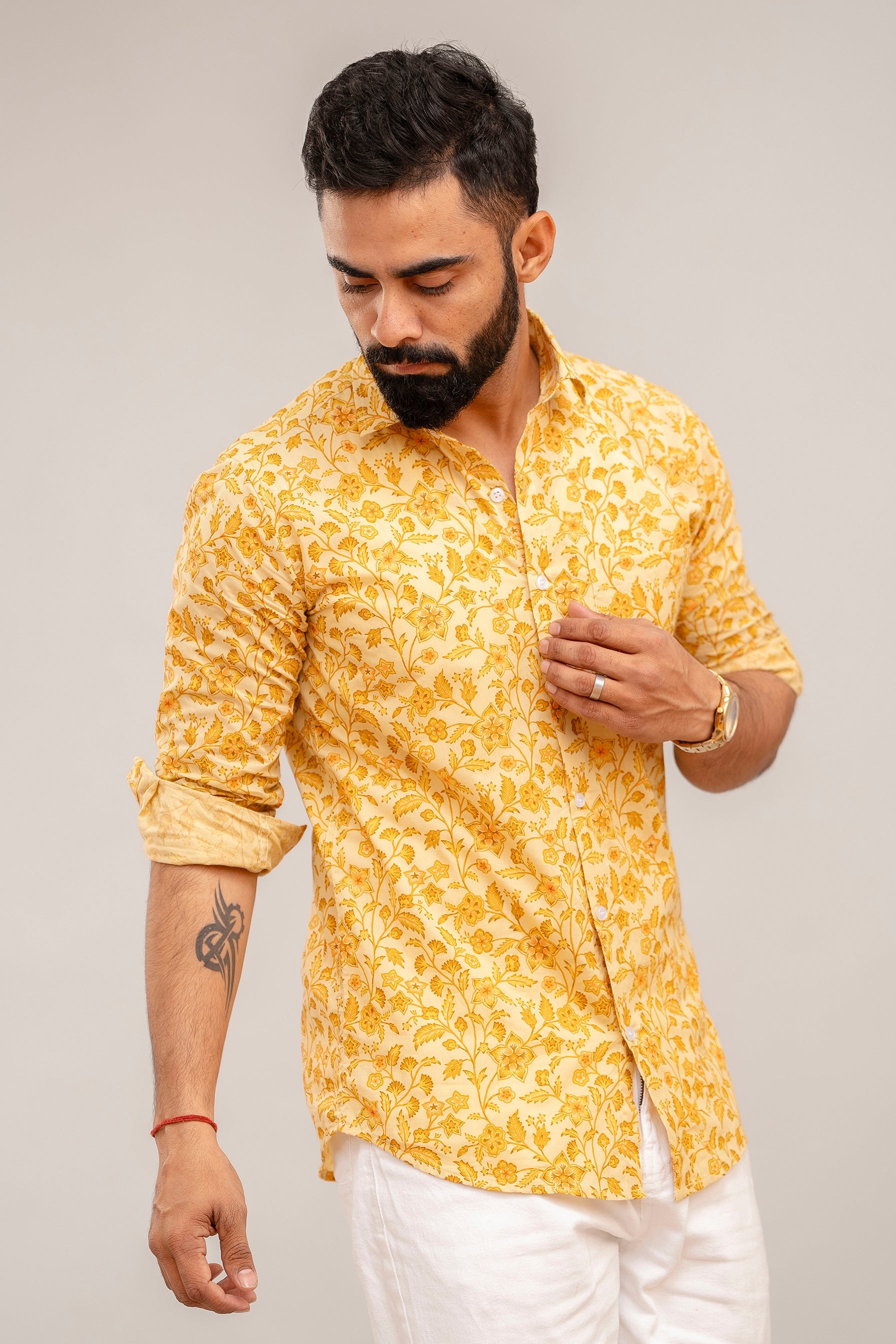 Sunshine Yellow Floral Cotton Shirt - Hukum Jaipur