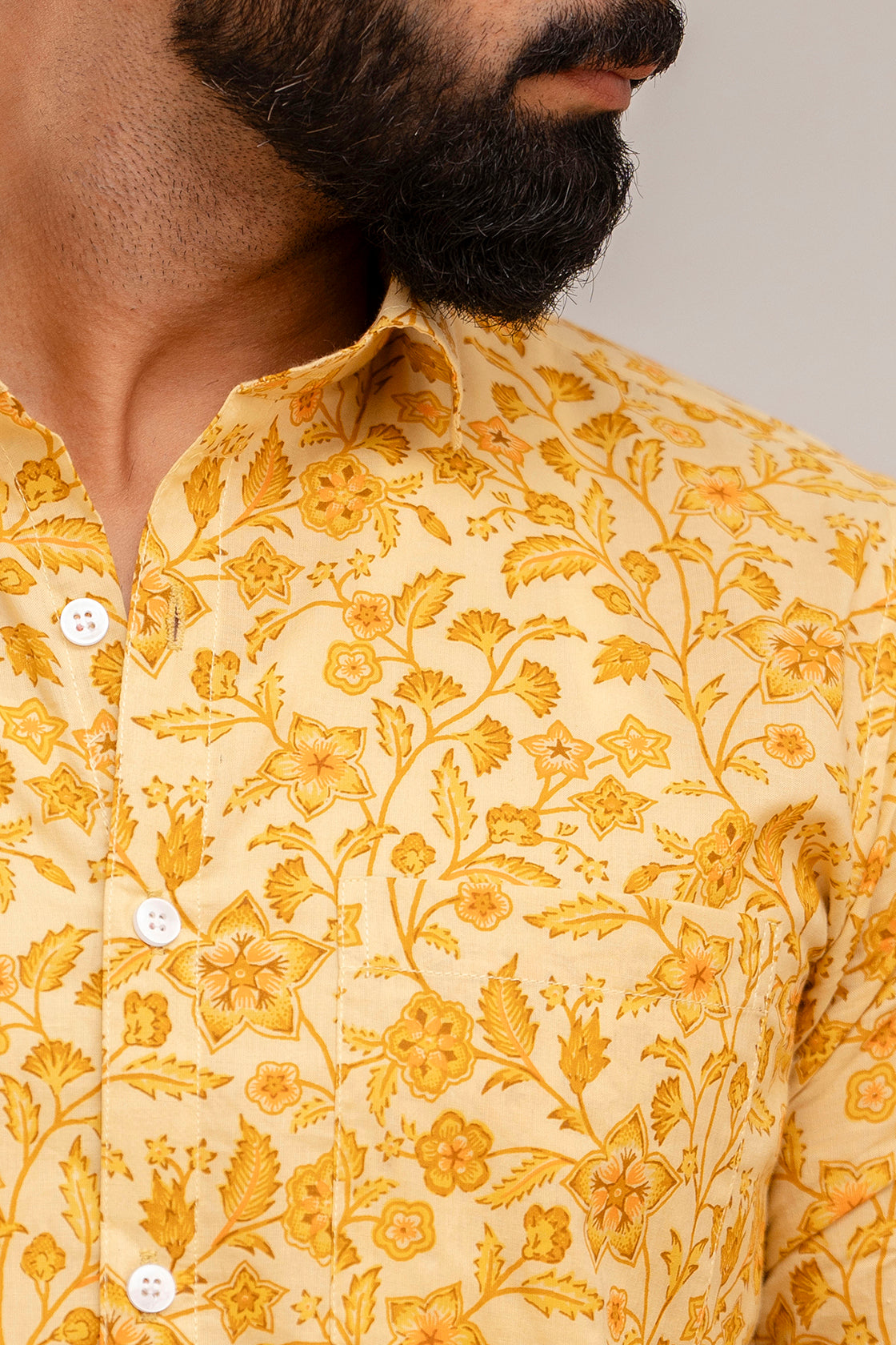 Sunshine Yellow Floral Cotton Shirt - Hukum Jaipur