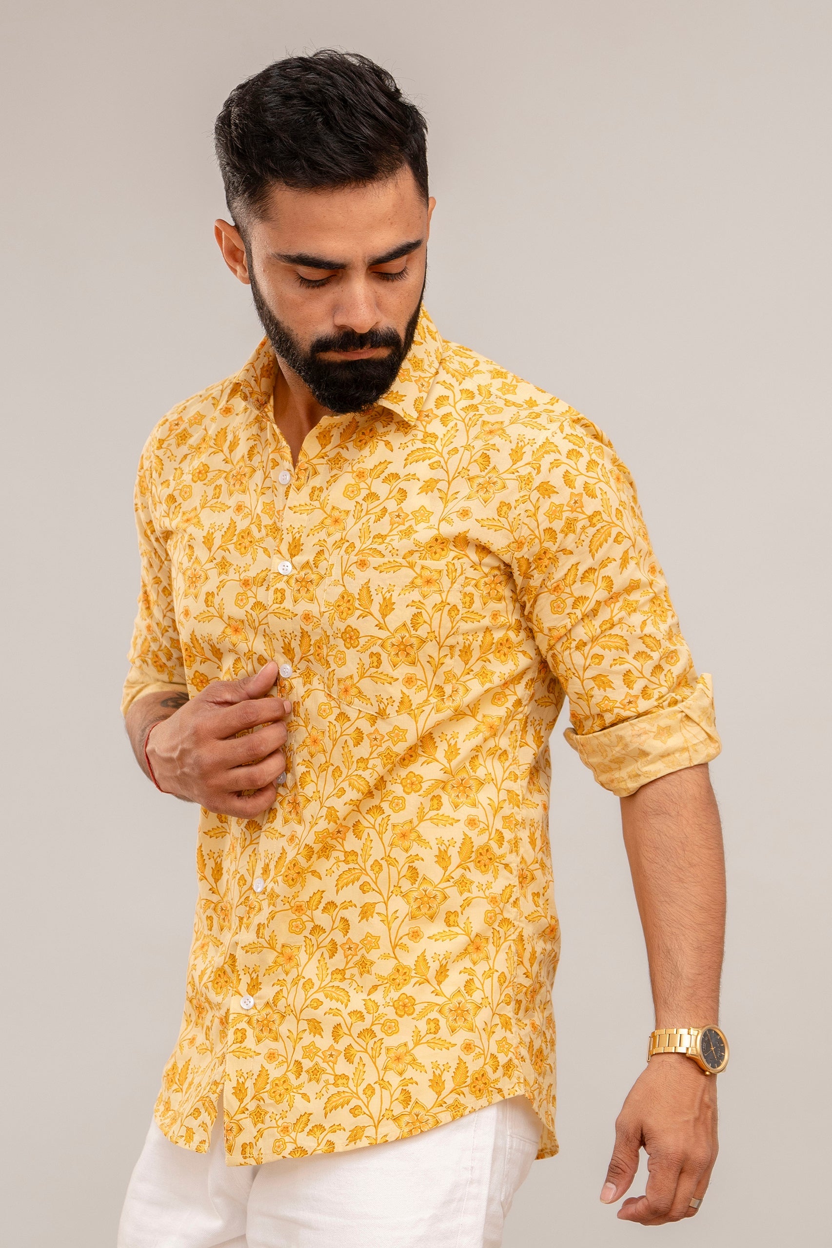 Sunshine Yellow Floral Cotton Shirt - Hukum Jaipur