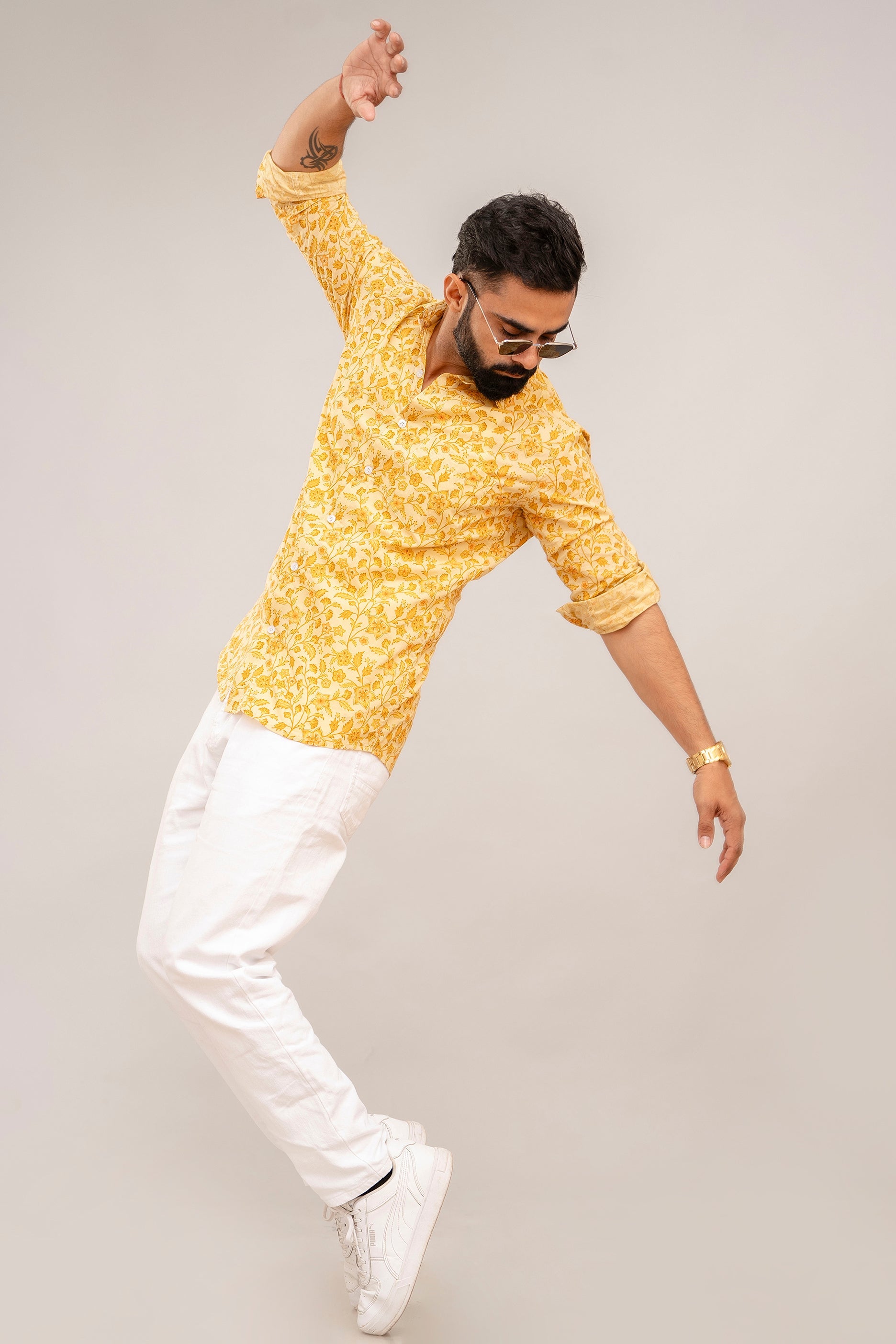 Sunshine Yellow Floral Cotton Shirt - Hukum Jaipur