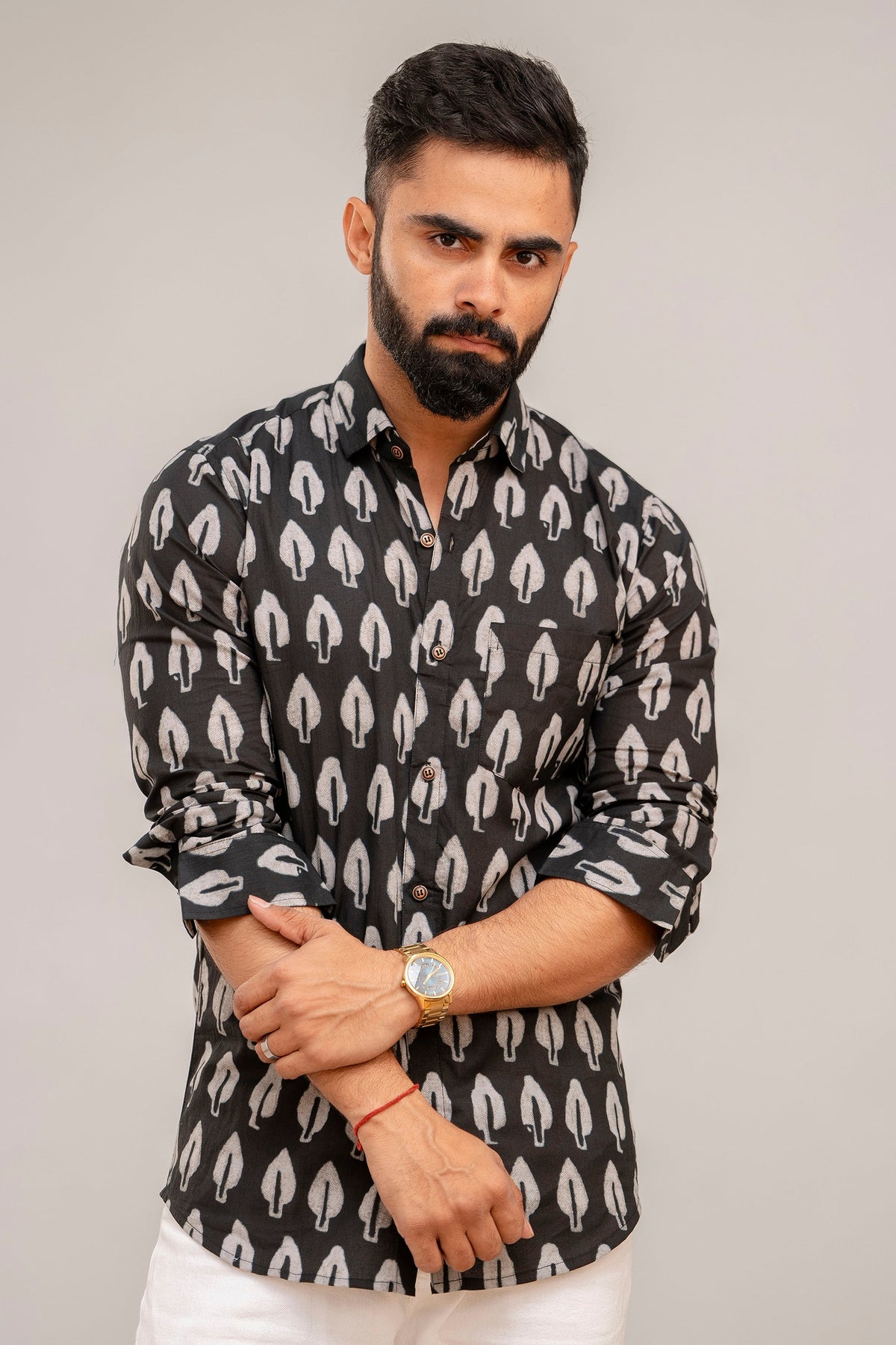 Classic Black Botanical Cotton Shirt for Men - Hukum Jaipur