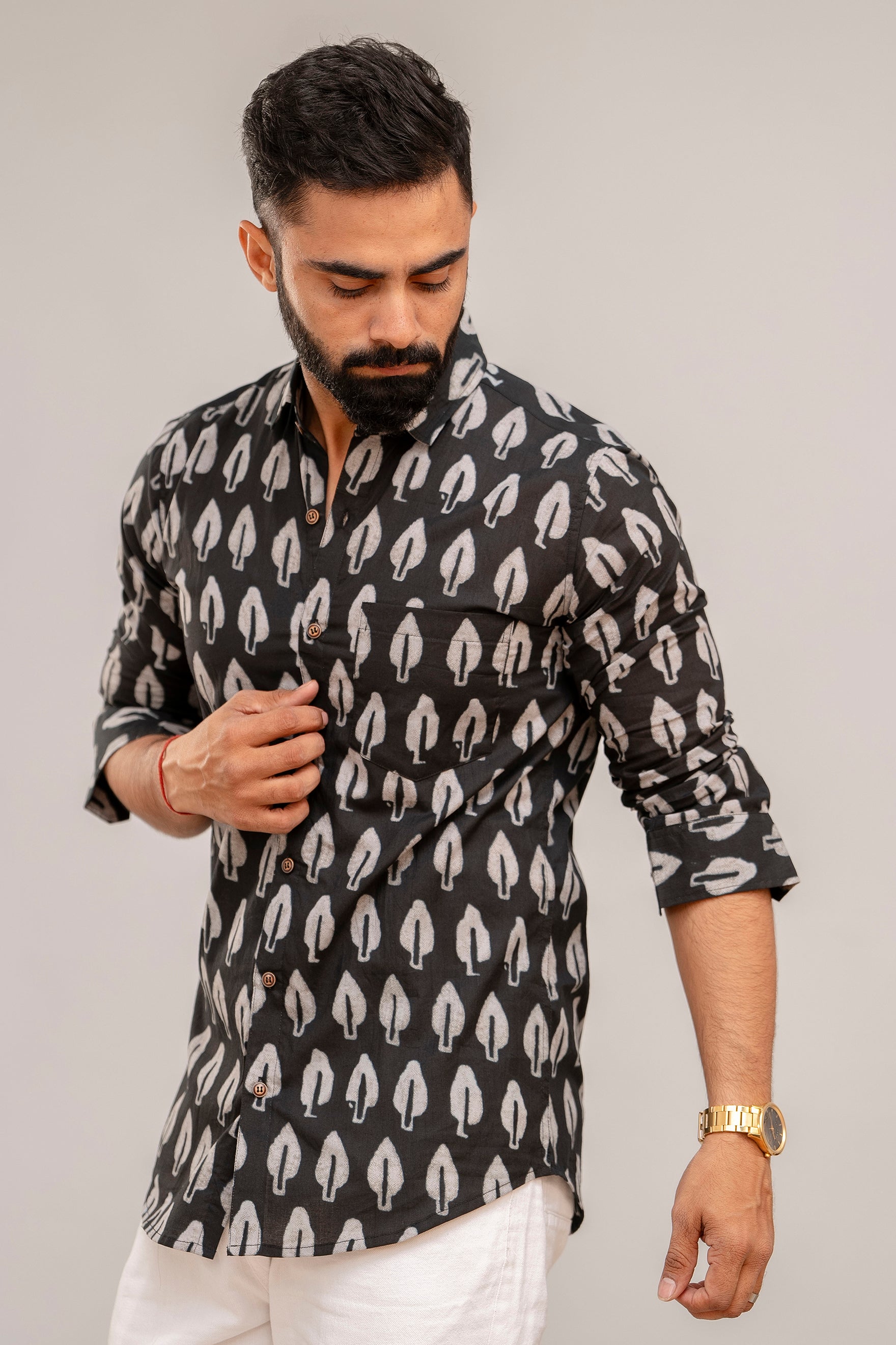 Classic Black Botanical Cotton Shirt for Men - Hukum Jaipur