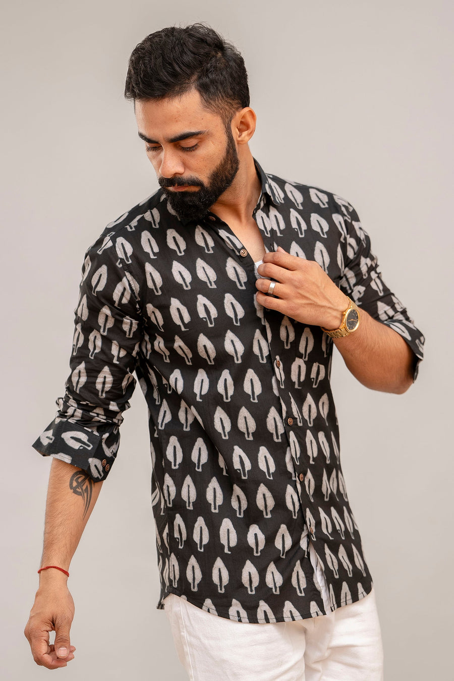 Classic Black Botanical Cotton Shirt for Men — image 4