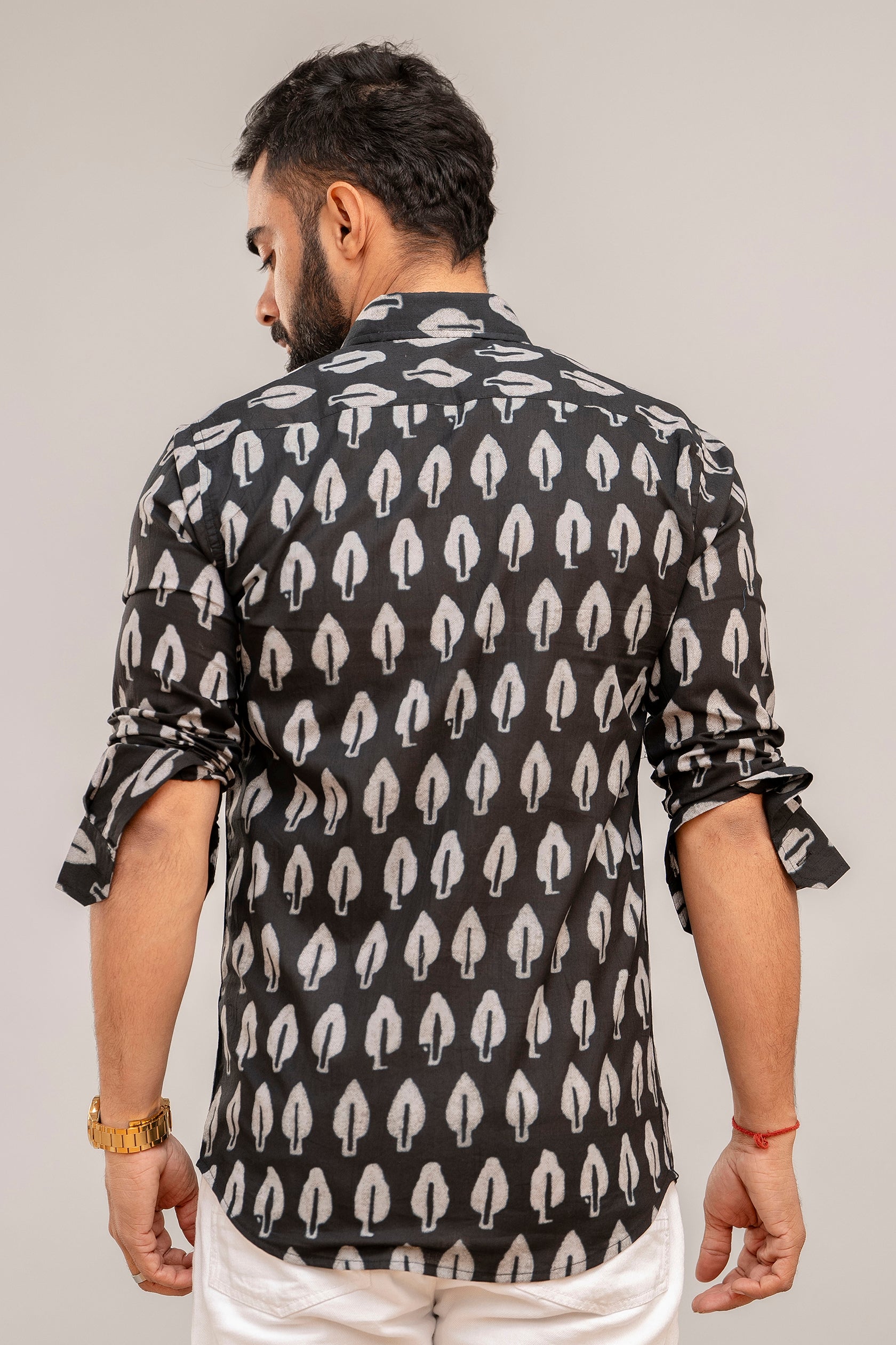 Classic Black Botanical Cotton Shirt for Men - Hukum Jaipur