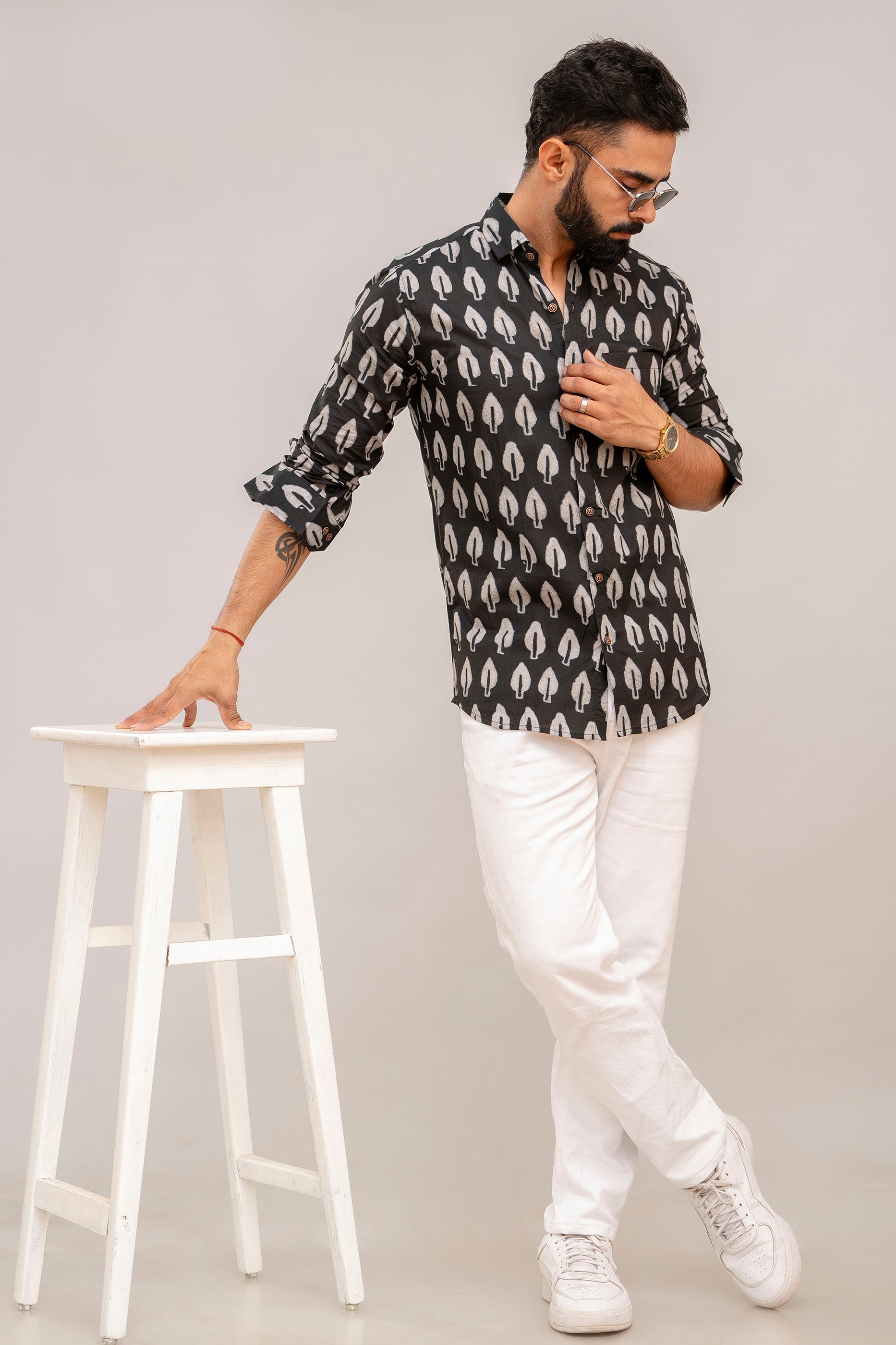 Classic Black Botanical Cotton Shirt for Men - Hukum Jaipur